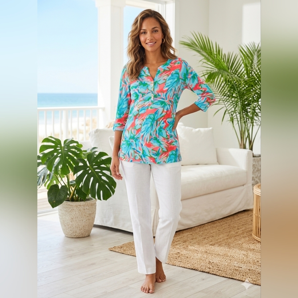 Palm Harbour Tropical V-Neck Tunic in Turquoise and Coral